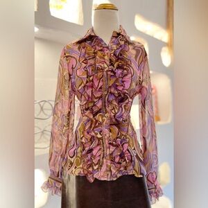 Vintage Ruffled Purple and Sheer Brown Paisley Y2K Long Sleeve Button Up Blouse